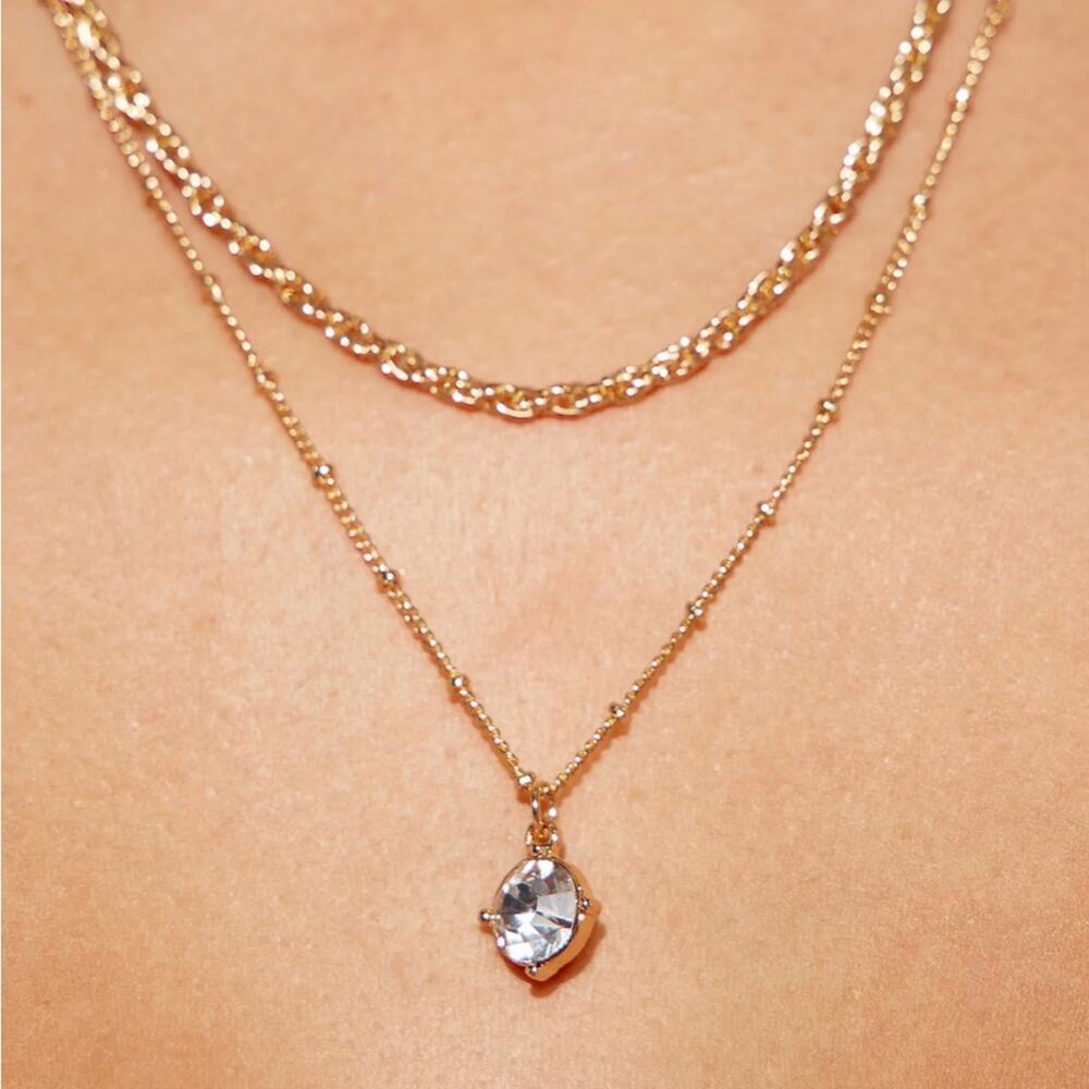 FASHION NOVA Gold Cassie Layered Necklace Rhinestone Pendant NWT